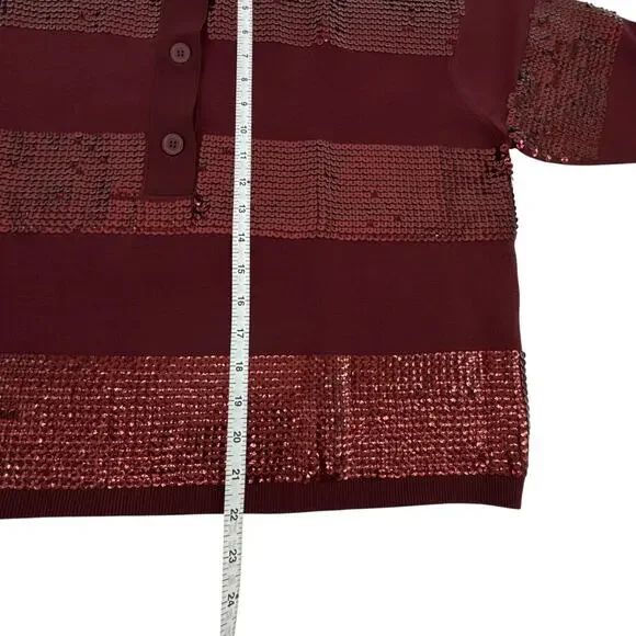 ESSENTIEL ANTWERP Illuminati Sequin Striped Polo Shirt in Wine S